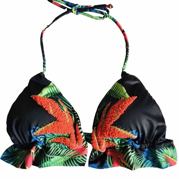Caceline Two Piece Beaded Bathing Suit Tropical Bikini Peplum‎ Top Size Large - Picture 2 of 9